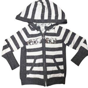Guess Girls Striped Hoodie Jacket S Gray White With Sequin Logo y2k vintage vibe